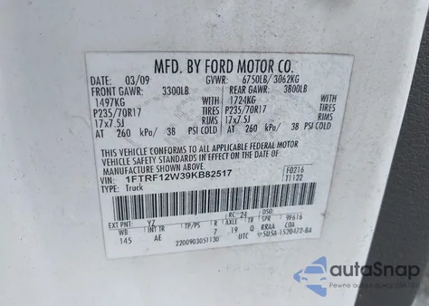 2009 Ford F-150 Xl из США, поврежденный, VIN 1FTRF12W39KB82517